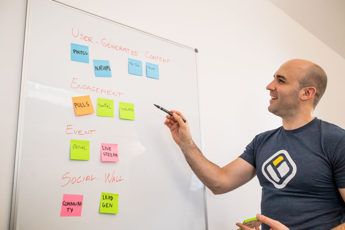 Marketing team mapping source material and approvals on a whiteboard