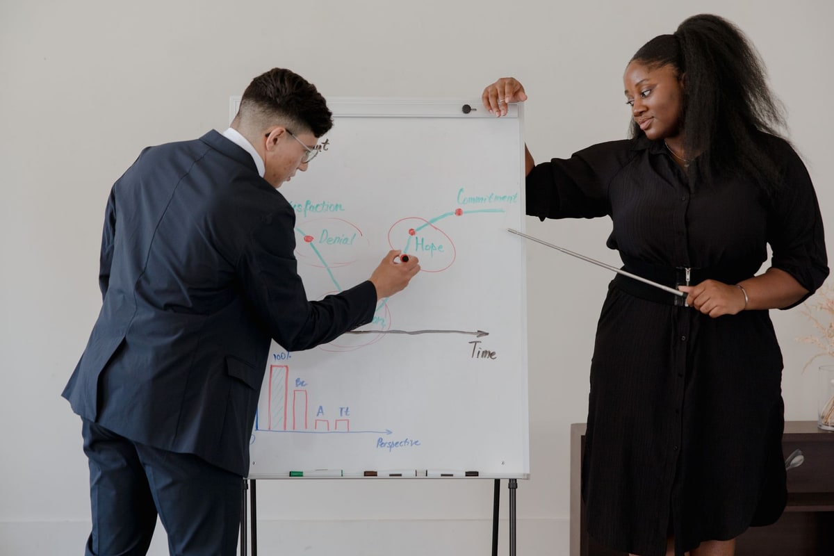 Consultant and business owner reviewing an automation project plan in a meeting