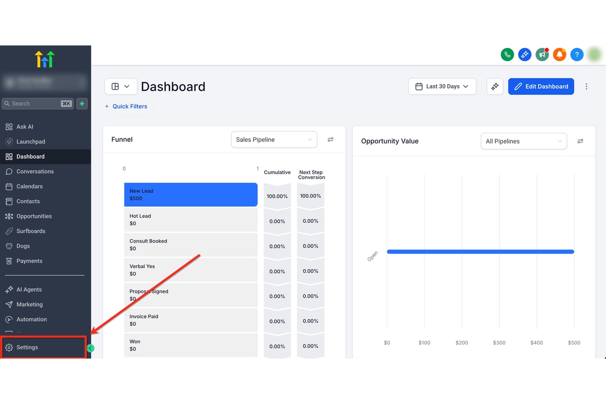 Official GoHighLevel dashboard showing the sales pipeline funnel and opportunity value widgets