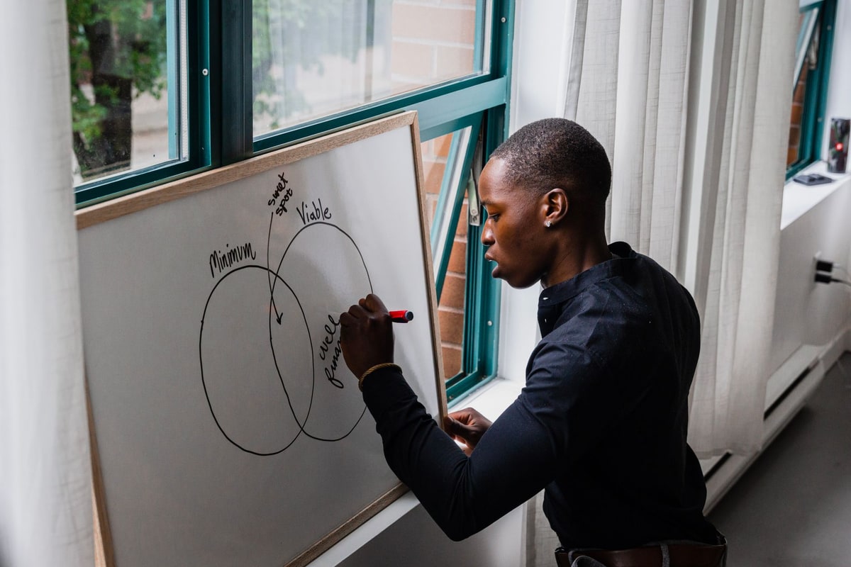 Consultant and business owner reviewing a workflow diagram on a whiteboard