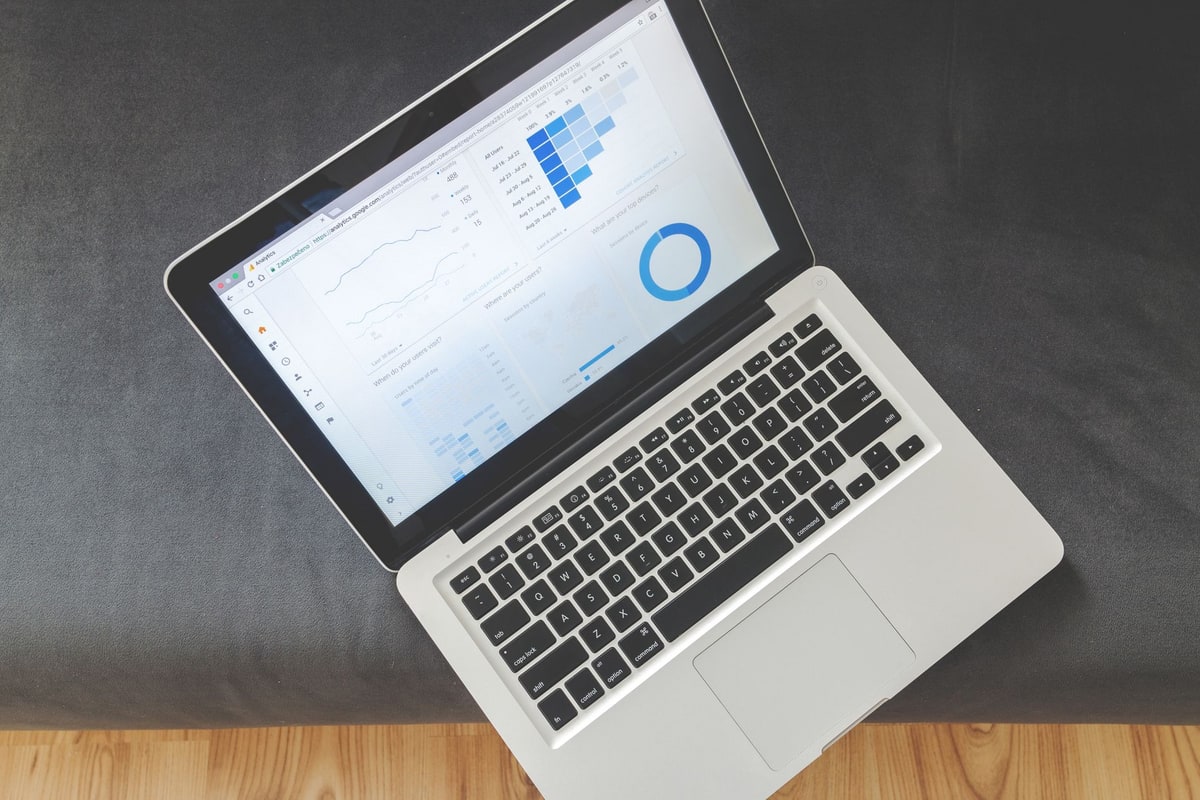 Business owner checking a laptop dashboard with performance charts