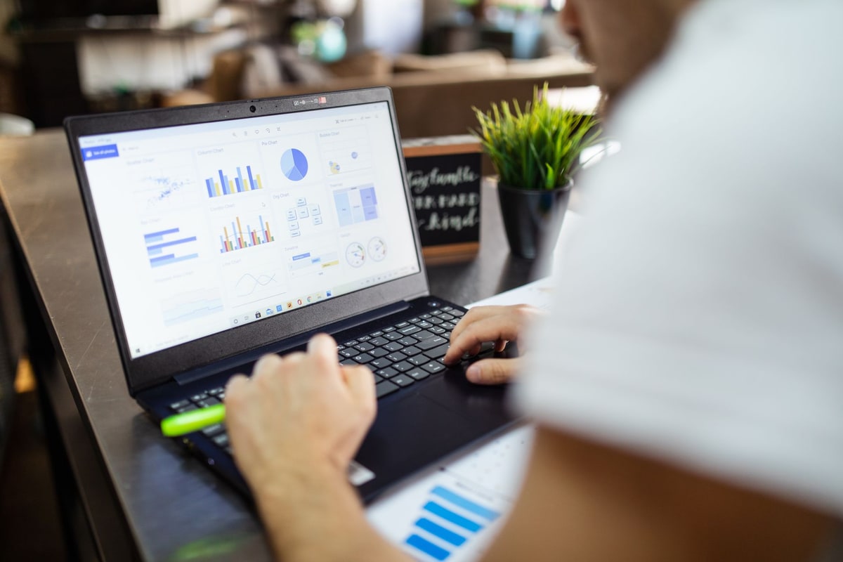 Analyst reviewing CRM data and report fields on a laptop