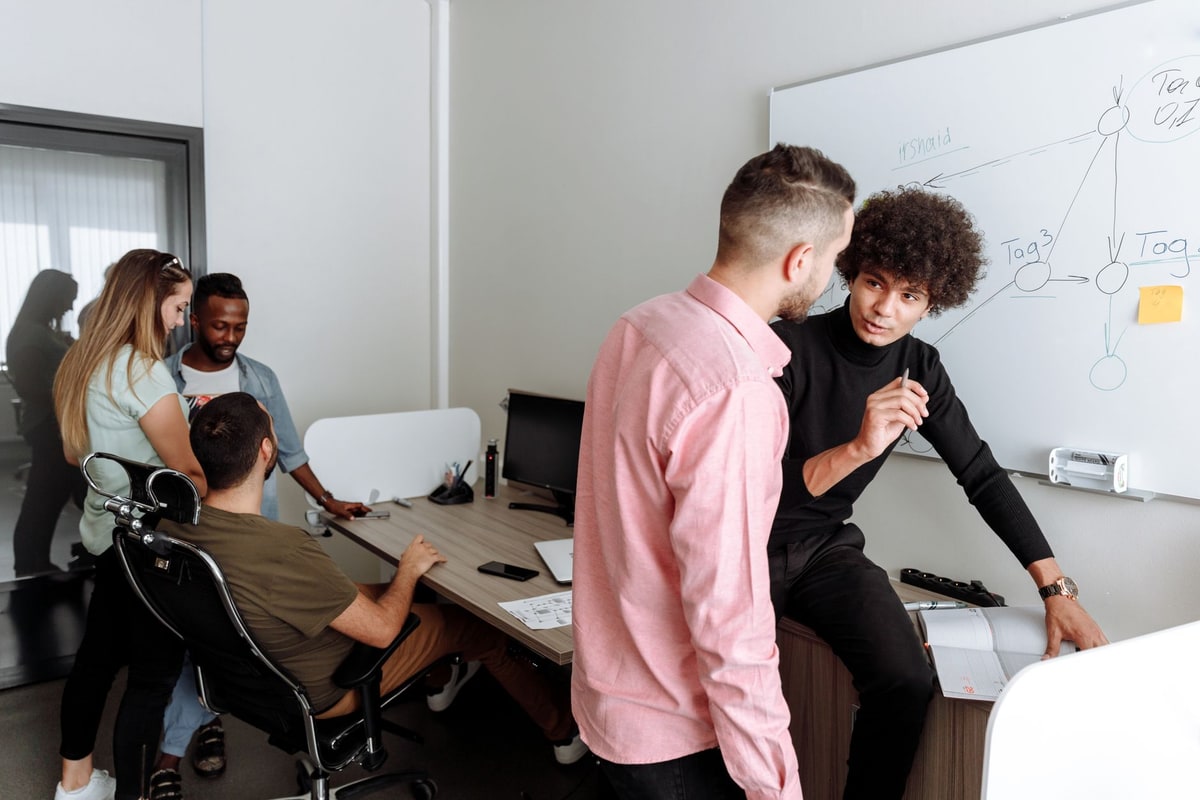 Business team reviewing workflow notes on a whiteboard
