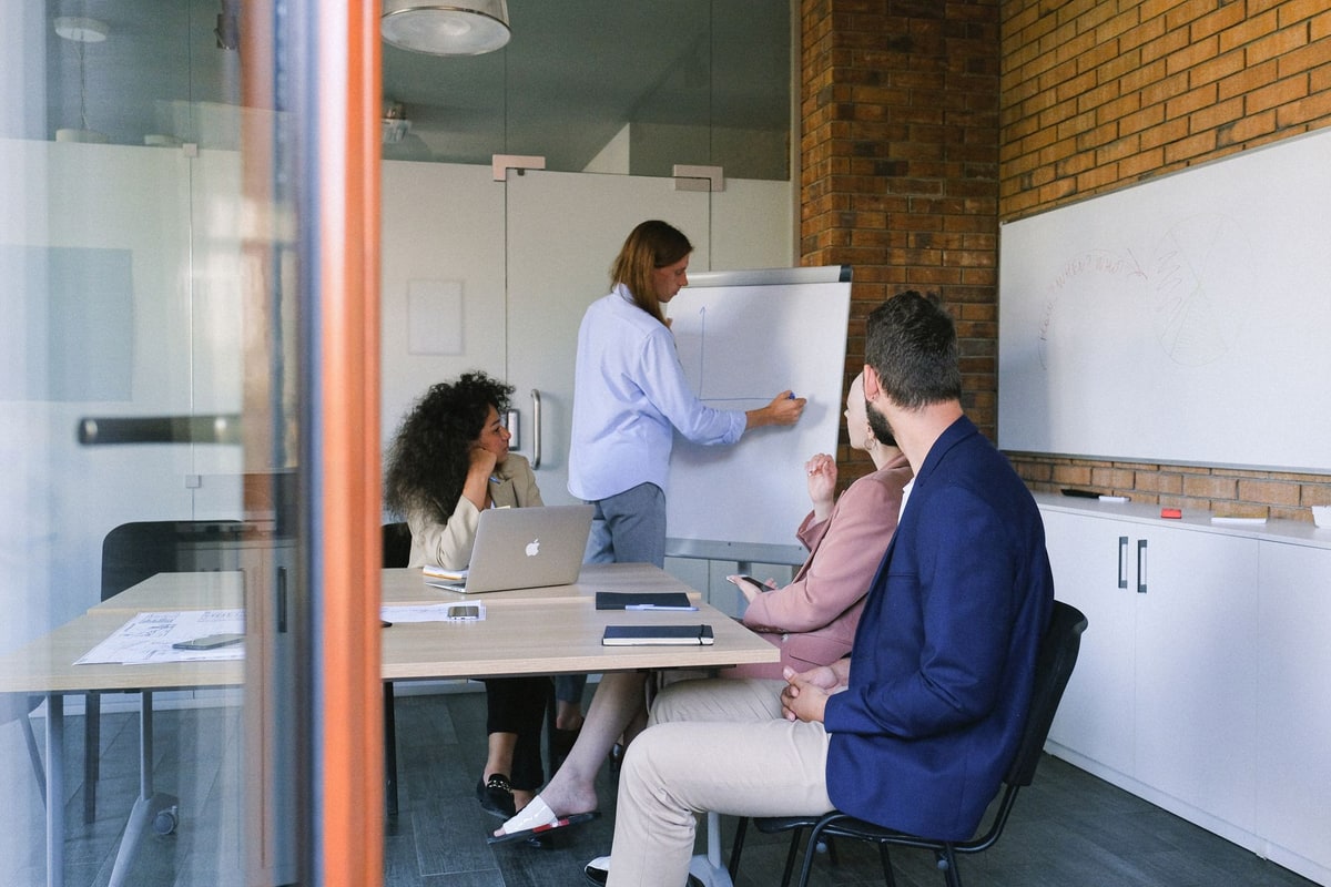 Professional services team meeting around a project plan