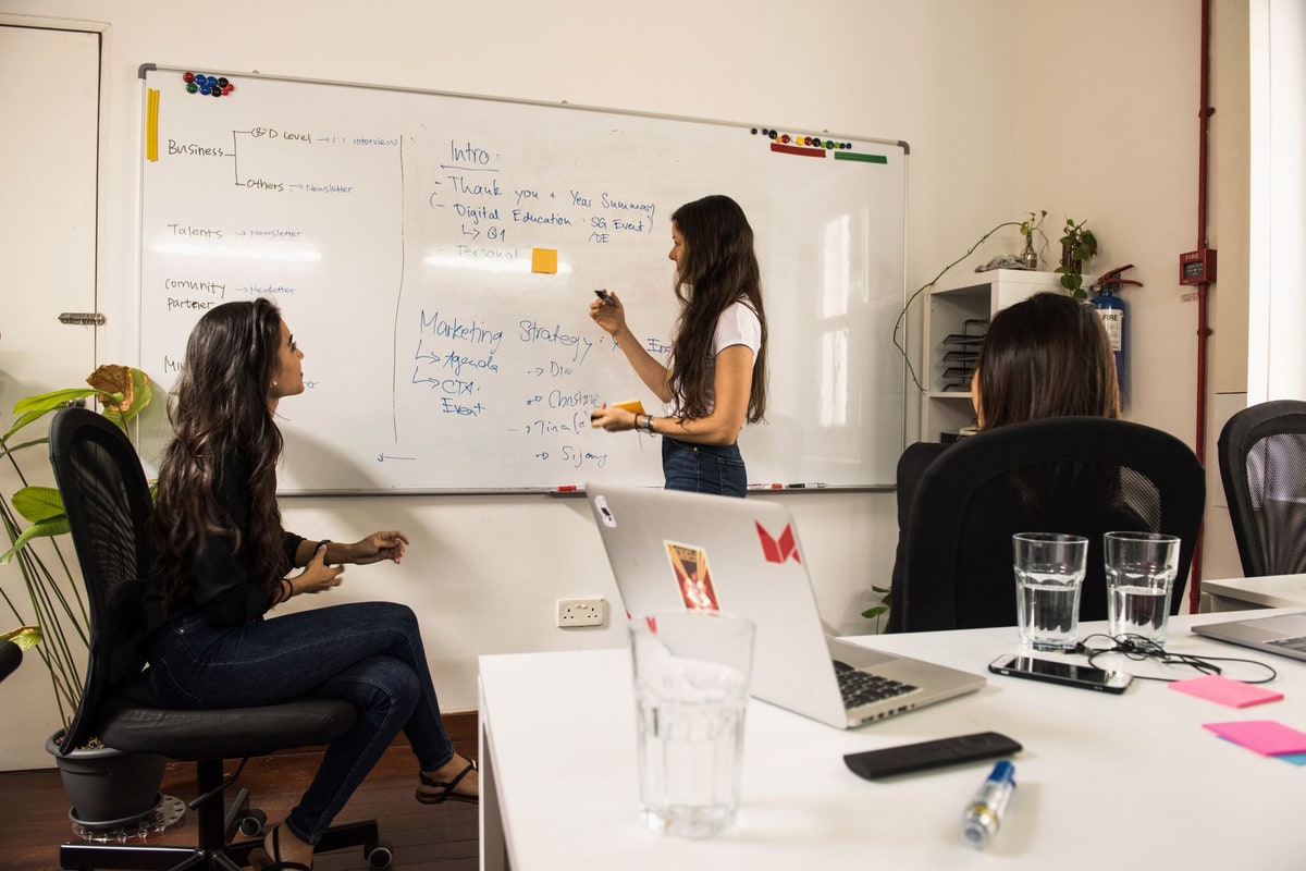 Small business team mapping workflow ownership on a whiteboard