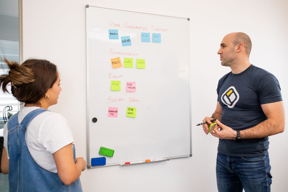 Team mapping backend workflow responsibilities on a whiteboard
