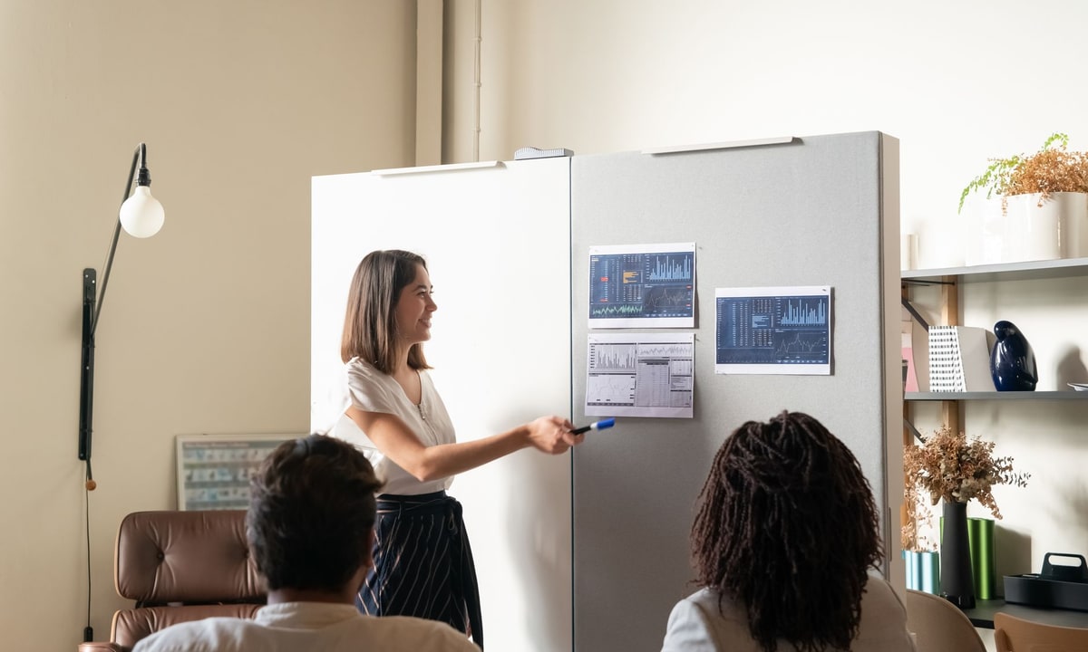 Business team comparing workflow automation options at a whiteboard