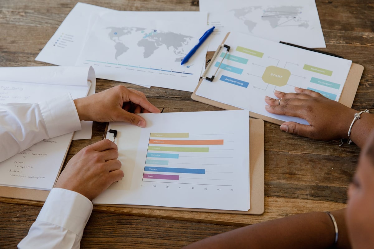 Business team planning a workflow on a whiteboard