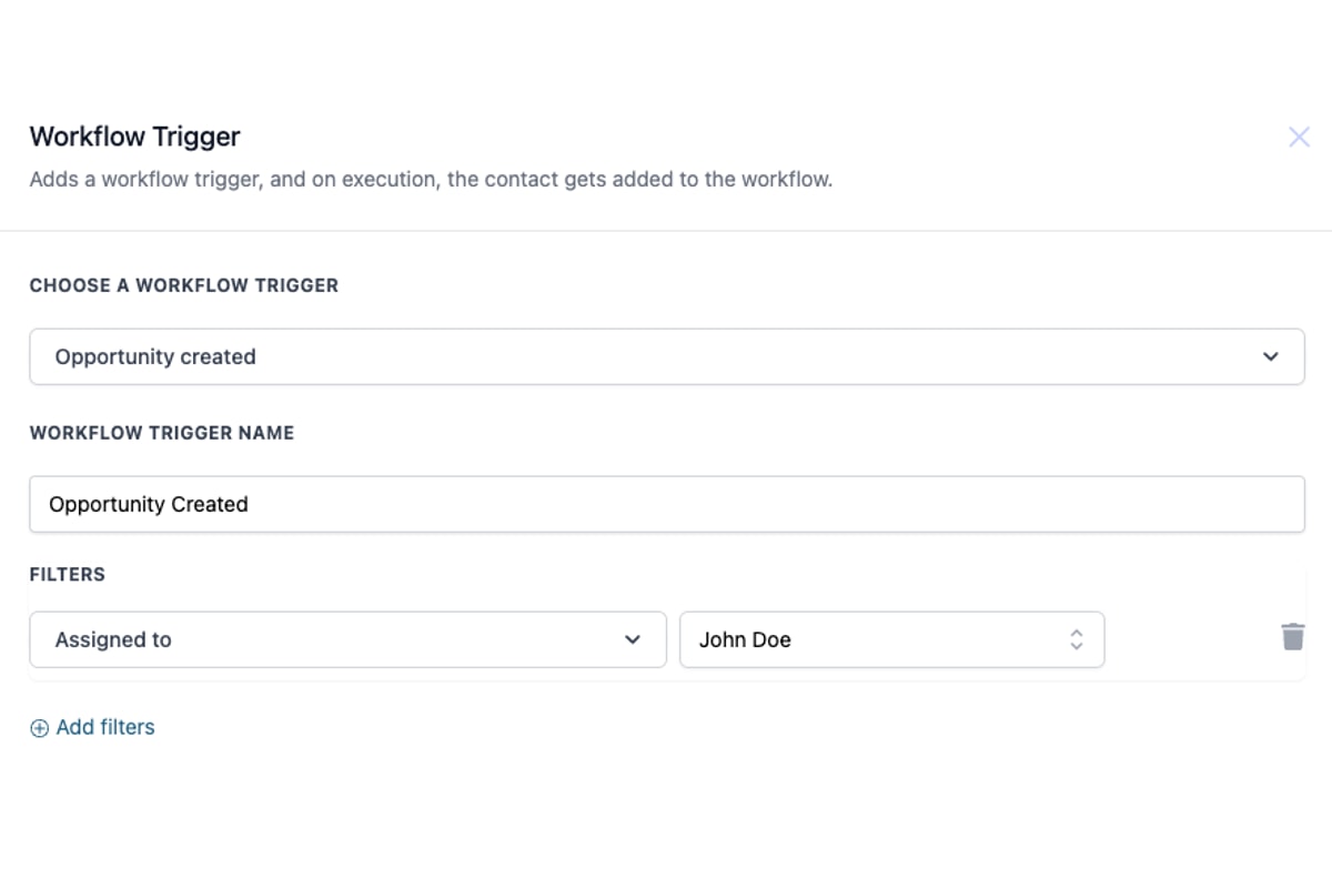 HighLevel Opportunity Created workflow trigger configuration from official product documentation