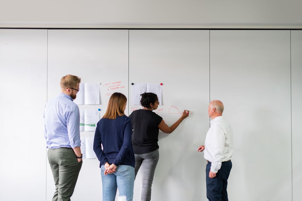 Operations team reviewing pipeline handoffs on a whiteboard